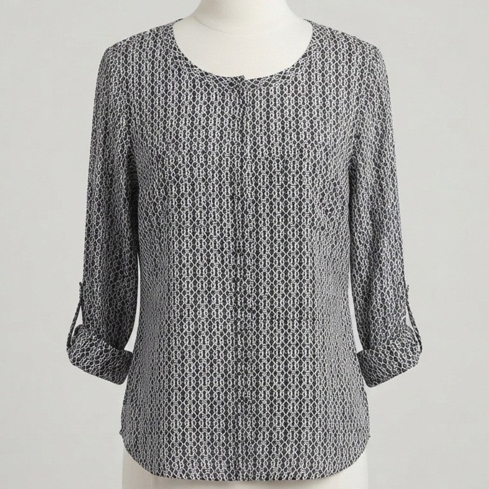 Anne Klein Navy/Black White Geometric Link Print Roll Tab Sleeve Blouse Large
